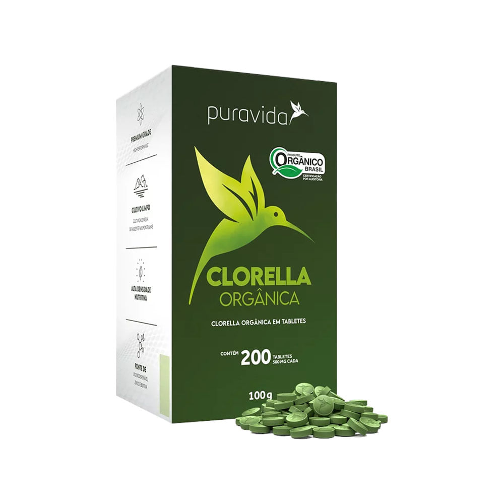 Clorella Orgânica 200 Tabletes de 500mg PuraVida