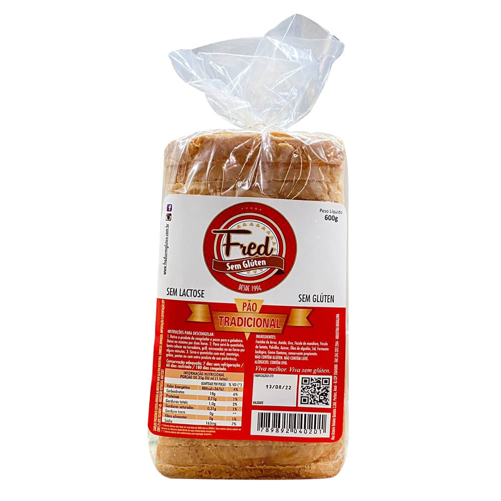 Pão de Forma Tradicional Sem Glúten e Lactose 600g Fred Sem Glúten