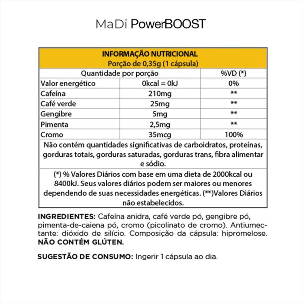 Suplemento Alimentar de Cafeína MaDi PowerBOOST 60 Cápsulas Madi Wellness