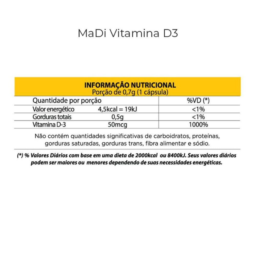 Suplemento Alimentar Vitamina D3 60 Cápsulas Madi Wellness