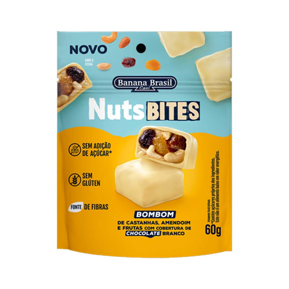 NutsBites Bombom Frutas com Chocolate Branco Pouch 60g Banana Brasil