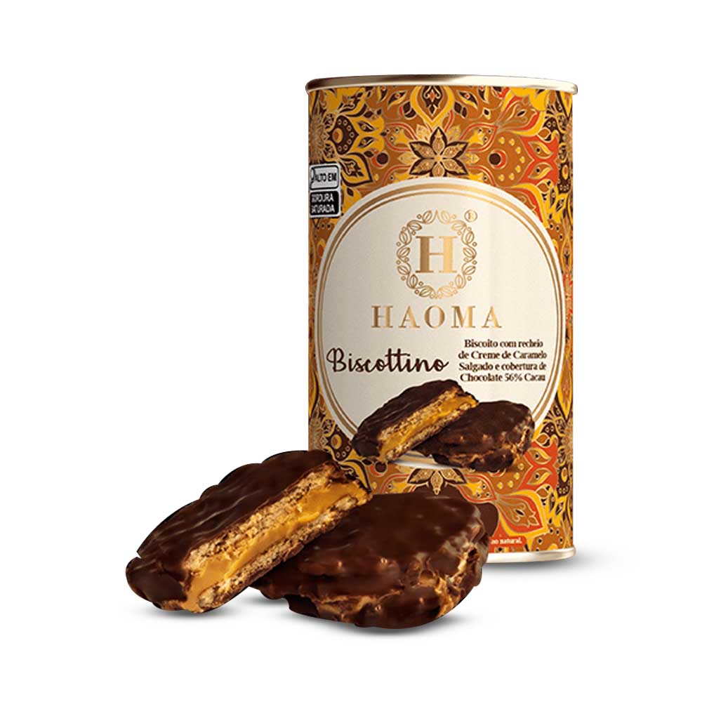 Biscottino recheado de Creme de Caramelo Salgado Coberto com Chocolate 56% Cacau 168g Haoma