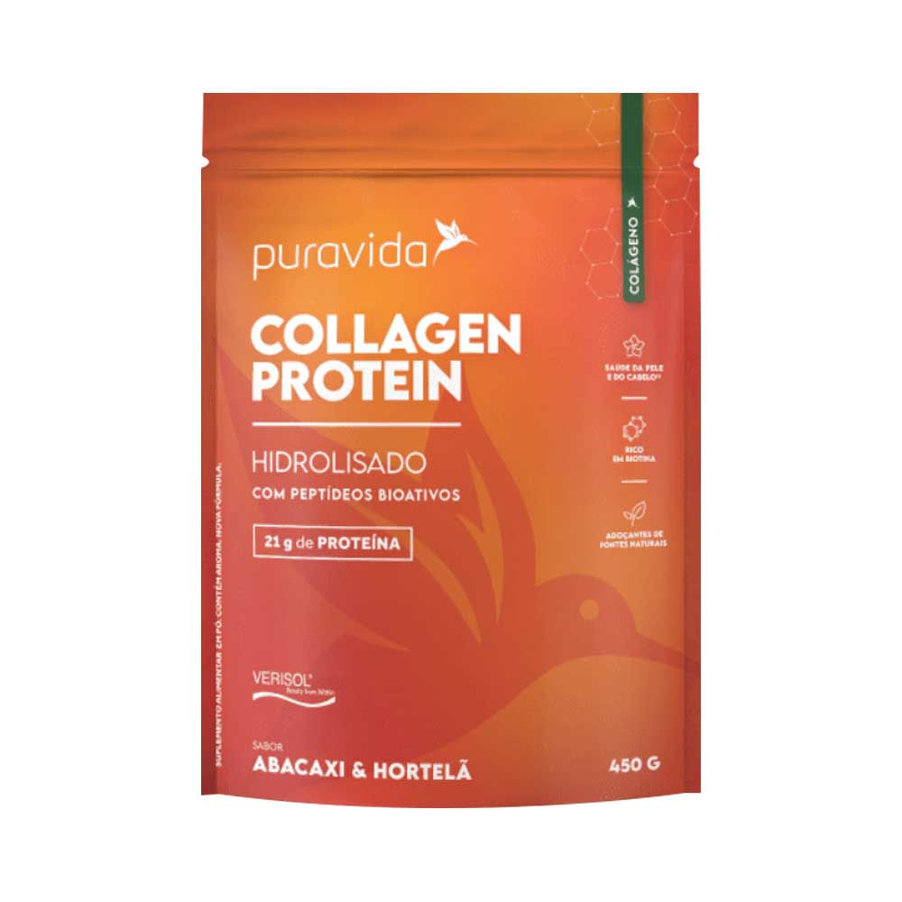 Collagen Protein Hidrolisado com Peptídeos Bioativos Abacaxi e Hortelã 450g PuraVida
