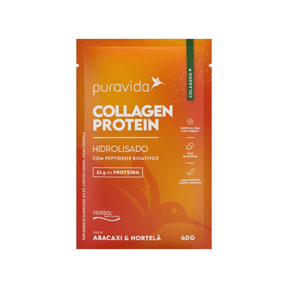 Collagen Protein Hidrolisado com Peptídeos Bioativos Abacaxi e Hortelã 40g PuraVida
