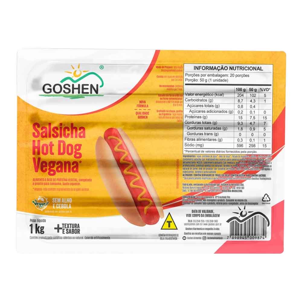 Salsicha Hot Dog Vegana 1Kg Goshen