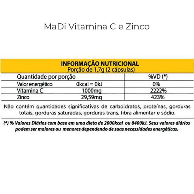 Suplemento Alimentar Vitamina C e Zinco 60 Cápsulas Madi Wellness
