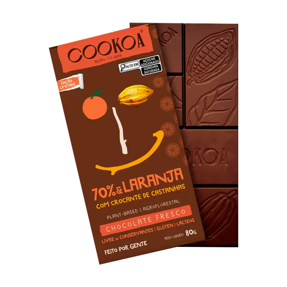 Chocolate Vegano 70% com Laranja e Crocante de Castanhas 80g Cookoa